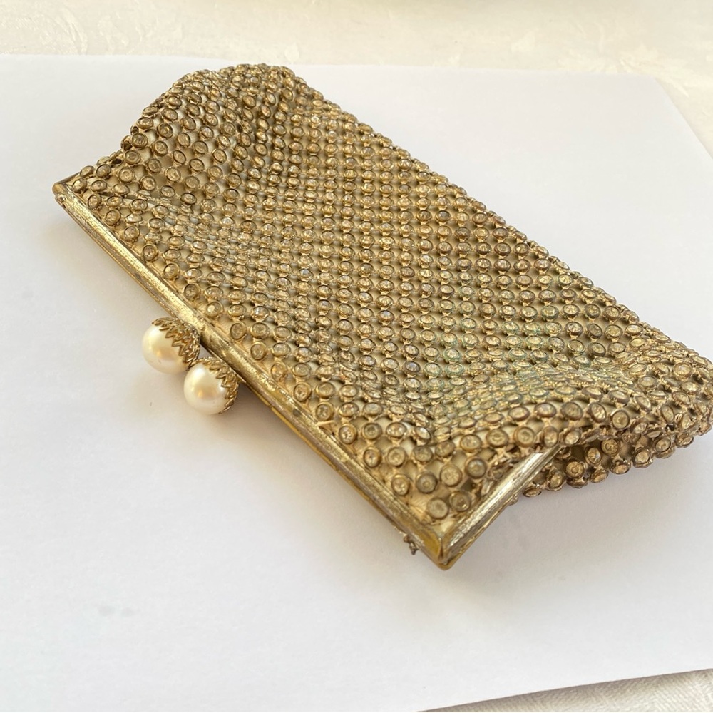 Vintage 1950s Made in France Rhinestone Evening Clutch Pearl Kiss-Lock